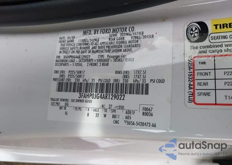 2010 Ford Fusion Sel из США, поврежденный, VIN 3FAHP0JG4AR129022